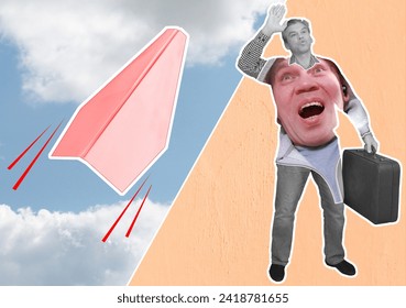 Composite collage. A man with a suitcase in one hand waves goodbye with the other. In the background, a paper airplane flies into the sky - Powered by Shutterstock