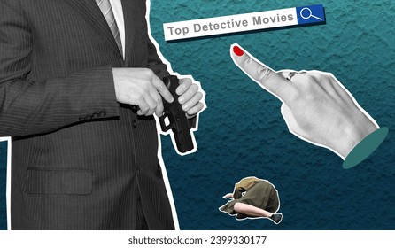 Composite collage. Murder as the plot of a detective film. A girl types Top Detective Movies in the search query. cinephile concept. A movie buff looking for another thriller for the evening