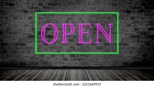 Composite Of Illuminated Open Text In Rectangle Box Against Old Brick Wall, Copy Space. Sign, Glowing, Retail, Store, Service And Communication Concept.