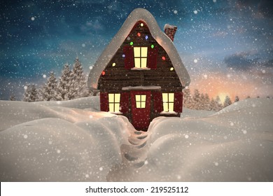 Composite image of christmas house against fir tree forest in snowy landscape स्टॉक चित्रण