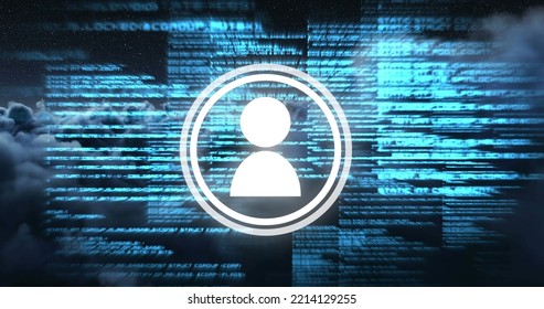 Composite Of Profile Icon In Circles Over Programming Language Against Cloudscape. Multiple Exposure, Database, Coding, Machine Learning, Skyscape, Futuristic, Communication And Technology Concept.