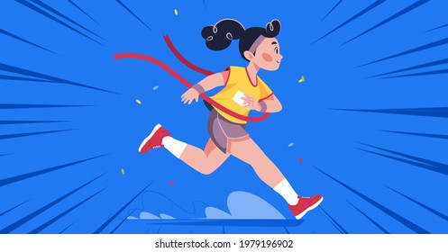 Composition Of Animated Athletic Woman Running On Blue Background. Sport, Fitness And Active Lifestyle Concept Digitally Generated Image.