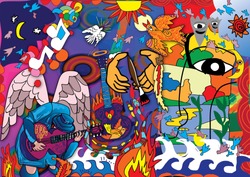 Composition Art Of Mural Colorful Graphic Design Painting And Drawing About Music Play Sing A Song With Happy Hippy Face Multi Color Thai Doodle Style