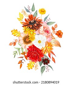 Composition With Autumn Flowers And Leaves, Fall Floral Bouquet. Watercolor Illustration 