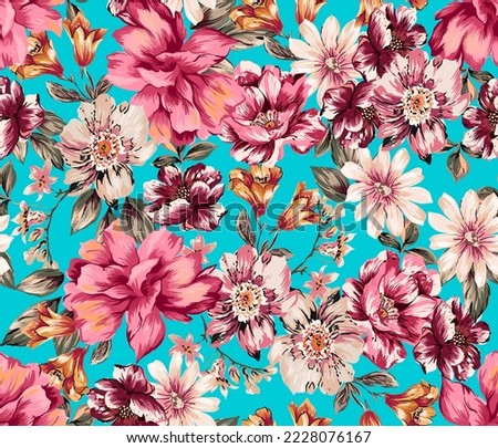 Composition of beautiful flowers and leaves mixed combinated. Peony, lily, tulip, daisy, orchids elements with branch and plants. Tiffany color background.