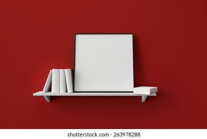 Composition Of Black Empty Picture Frame With Books On A White Shelf On A Red Background 3d