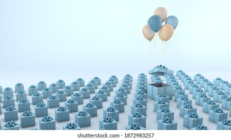 Composition of blue gift boxes with yellow and blue balloons. 3d render with pastel background