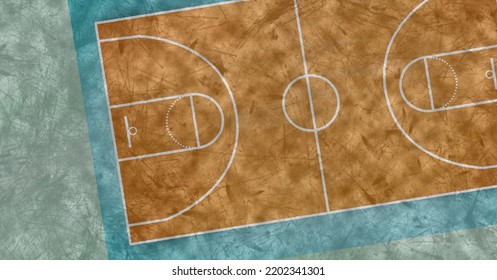 Composition Of Brown And Blue Basketball Court Overhead View Over Textured Background. Sport And Competition Concept Digitally Generated Image.