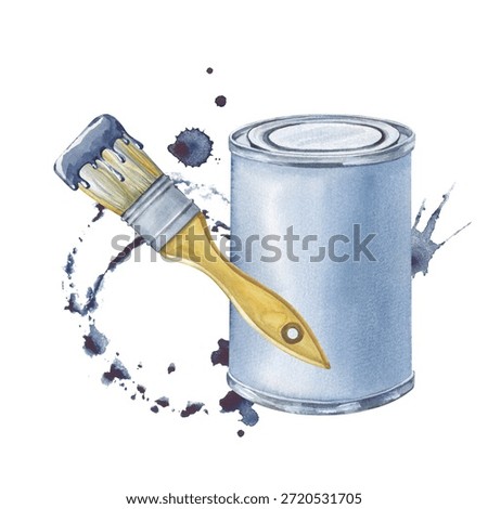 A composition with a can of paint and a brush on the background of a blue spot of paint. Watercolor illustration of building tools and materials for home renovation. Realistic clipart.