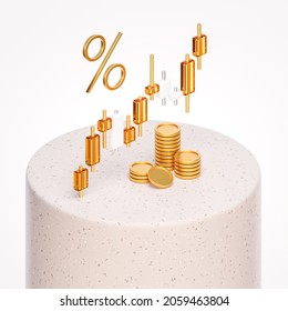 Composition of a candle chart with gold coins and a percentage sign on a stone speckled cylinder for finance, business and trading. 3d illustration