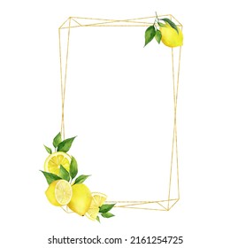 Composition for card making with watercolor lemons and golden frame. Tropical fruit with leaves. Citrus botanical illustration. Isolated on white background.   - Powered by Shutterstock