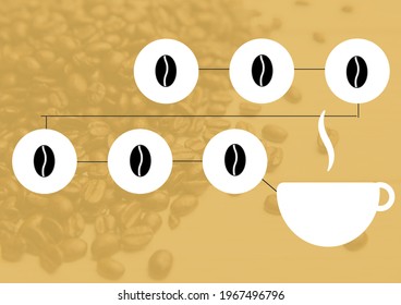 Composition of coffee bean icons in white circles linked to coffee cup, on brown with coffee beans. coffee shop loyalty token stamp card design template concept, digitally generated image. - Powered by Shutterstock