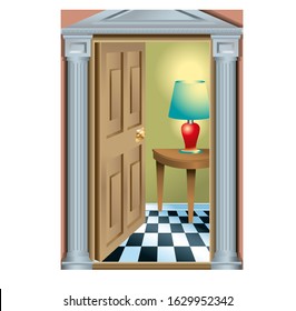 The composition consists of an open door and a table with a lamp standing behind it.