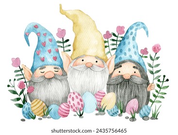 composition with cute gnomes with Easter eggs and flowers. watercolor drawing on the theme of Easter. - Powered by Shutterstock