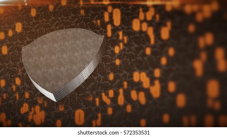 The composition of cybersecurity. Shield with binary code and depth of field. 3D rendering