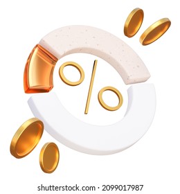 Composition Of A Diagram With Golden Coins And A Percentage Sign On A White Background For Finance, Business And Marketing. 3d Illustration