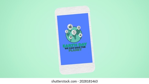Composition of earth day text and globe logo on blue smartphone screen, over pale green background. global conservation and earth day concept digitally generated image.