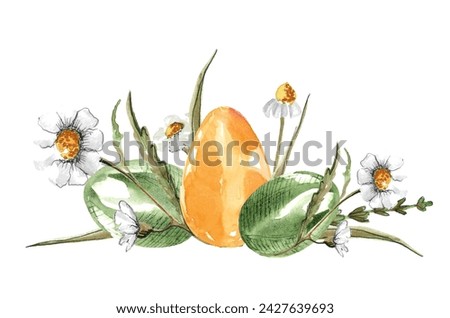 A composition of Easter eggs in orange and green surrounded by wild white chamomile flowers and leaves. Hand drawn watercolor drawing on a white background for the design of cards, invitations.