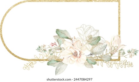 Composition of elegant isolated watercolor eucalyptus branches and magnolia buds, blades of grass, golden leaves on a frame background. Botanical illustration ideal for wedding design, holidays - Powered by Shutterstock