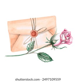 Composition of an envelope and a rose in retro watercolor style. Illustration for greeting cards, congratulations, weddings, memorials, decorations. Illustration isolated from background. - Powered by Shutterstock