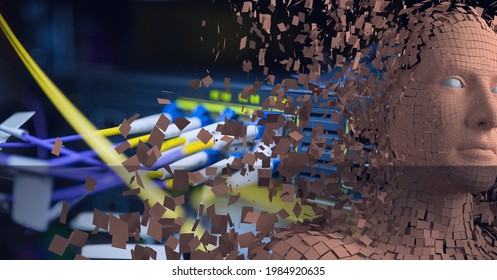 Composition Of Exploding Human Bust Formed With Particles And Computer Server. Global Connections, Technology And Digital Interface.