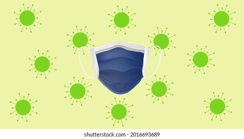 Composition of face mask over covid 19 virus cells on yellow background. global covid 19 pandemic concept digitally generated image.