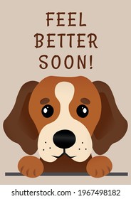 Composition Of Feel Better Soon Message And Brown Dog Portrait On Beige Background. Get Well Greetings Card Design Template Concept, Digitally Generated Image.