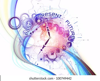 Composition of gears, clock elements, dials and dynamic swirly lines on the subject of scheduling, temporal and time related processes, deadlines, progress, past, present and future
