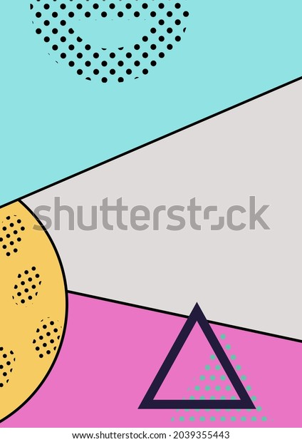 Composition of geometric\
shapes and patterns on diagonally divided blue, pink and grey\
background. party invitation template concept with copy space\
digitally generated\
image.