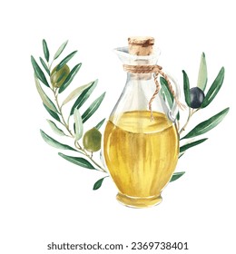 Composition of glass jug with oil and olive branch with green and black olives. Hand drawn watercolor illustration on a white background. For menu, product and italian, greek, spanish cuisine design - Powered by Shutterstock