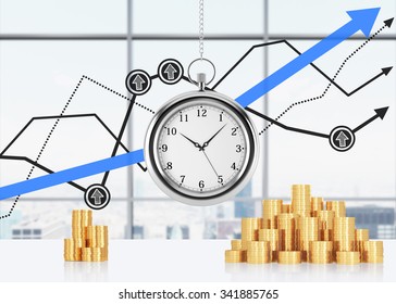  composition of golden coins and hanging on the chain pocket watch. New York panoramic office and financial line charts are on background. 