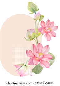 Composition of graphic silhouettes of lotus, watercolor elements and geometric shapes and forms on a white background. Ideal for branding, cards, invitations, corporate identity. 