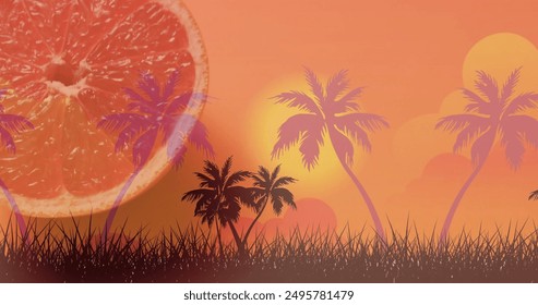 Composition of halved grapefruit over palm trees and sunset landscape background. Fresh fruit, healthy eating, vegan and vegetarian food concept. - Powered by Shutterstock