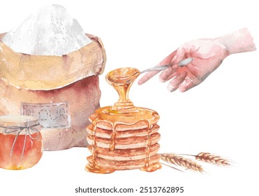 Composition of of hand pouring honey on pancakes with dripping syrup, canvas sack of flour, jar and ears of wheat. Hand drawn watercolor illustration isolated on white background. Art for food design - Powered by Shutterstock