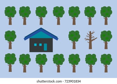 Composition Of A House, Trees And A Dead Tree Bring Out The Different Of One Another On Isolated Blue Background. Flat Design.