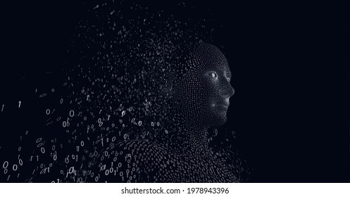 Composition of human bust formed with binary coding exploding on black background. global technology, data processing and connections concept digitally generated image.