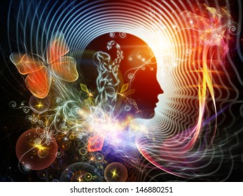 Composition of human feature lines and symbolic elements suitable as a backdrop for the projects on human mind, consciousness, imagination, science and creativity - Shutterstock ID 146880251