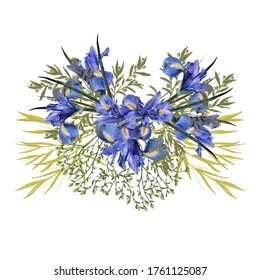 Composition of iris flowers with foliage. Isolated watercolor illustration. Botanical illustration.