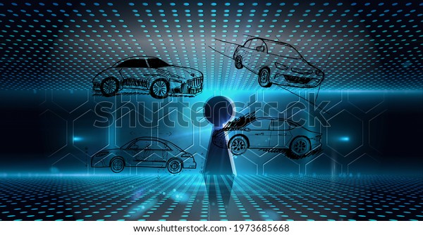 Composition of\
keyhole, digital hexagons and blue spots over car drawing. global\
engineering, car industry, technology and data processing concept\
digitally generated\
image.