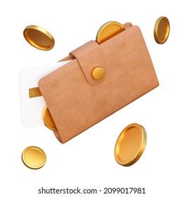 Composition of a leather wallet with a white bank card and golden coins on a white background for payments, finance and business. 3d illustration