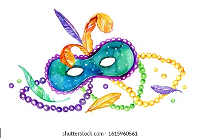 Composition for Mardi Gras. Group of traditional objects. Mask, beads and feathers. Hand drawn watercolor illustration on white background - Powered by Shutterstock