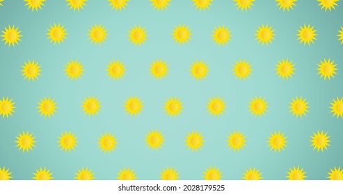 Composition Of Multiple Suns Repeated In Grid Over Green Background. Global Conservation And Earth Day Concept Digitally Generated Image.