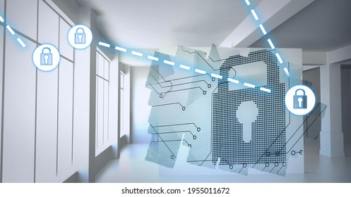 Composition of network of connections with online security padlocks in empty office. global technology, online cyber security and digital interface concept digitally generated image.