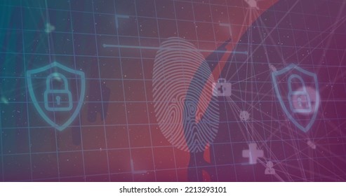 Composition Of Network Of Connections With Padlock Icons Over Shapes On Red Background. Global Connections, Computing And Digital Interface Concept Digitally Generated Image.