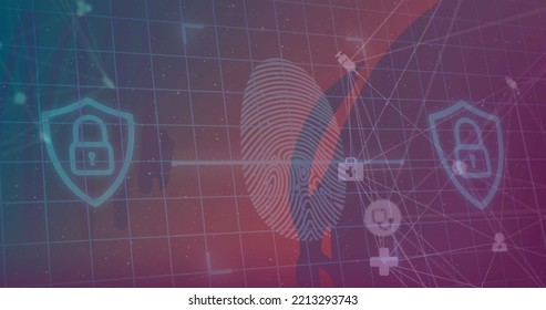 Composition Of Network Of Connections With Padlock Icons Over Shapes On Red Background. Global Connections, Computing And Digital Interface Concept Digitally Generated Image.