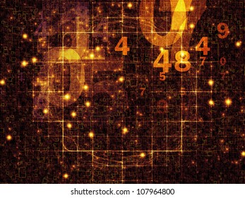 Composition of numbers and abstract design elements suitable as a backdrop for the projects on modern computing, virtual reality and digital processing