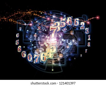 Composition of numbers, documents and design elements on the subject of document processing, computers, science and modern technologies