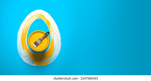 A composition of a paint can and brush strokes, folding into a symbolic egg. Creative card or banner template design for Easter greetings or a new project start. 3d render illustration. - Powered by Shutterstock