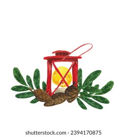 A composition of pine cones, spruce branches and a lantern with a candle. Hand drawn watercolor illustration. New Year, Christmas, holiday, fir branch, pine cone, frost, candle, lantern, postcard