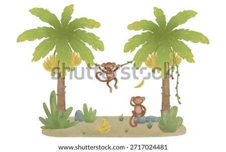 Composition, scene: monkeys, palm trees, bananas, liana. Cartoon illustration in a flat style. Watercolor, pastel, brown, green, yellow. For design
